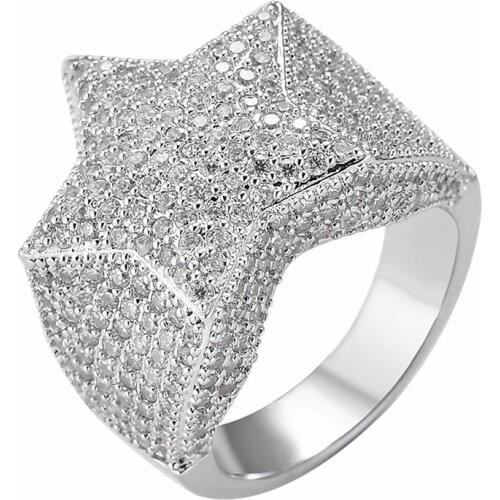 Hip Hop Mens Rings Iced Out Five-Pointed Star Micro Pave Zircon Rings for Men Women Fashion Rock Jewelry