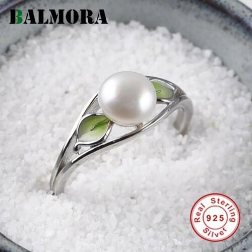 BALMORA Original 100% Real 925 Pure Silver Pearl Rings for Women Girls Leaves Open Rings Valentines Day Gifts for Her Jewelry