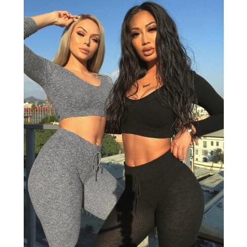 Women Sexy Tracksuit 2PCS Slim Cropped Tops + Long Pants Set Fashion Sport Outfit Set