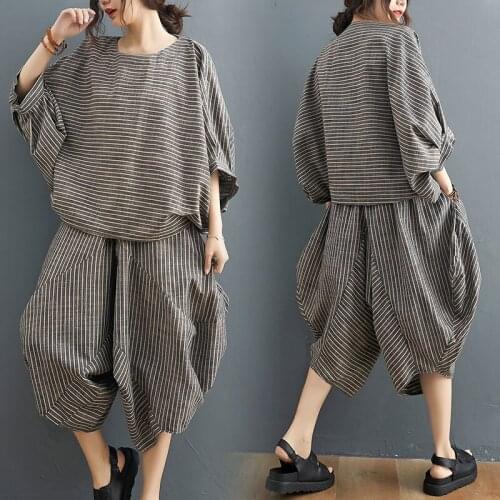 LDKVGSU Plus Size Women Two Piece Set Suit Casual Vintage Lady Tops Shirts Batwing Sleeve Loose Pants Cotton Striped Summer 2021