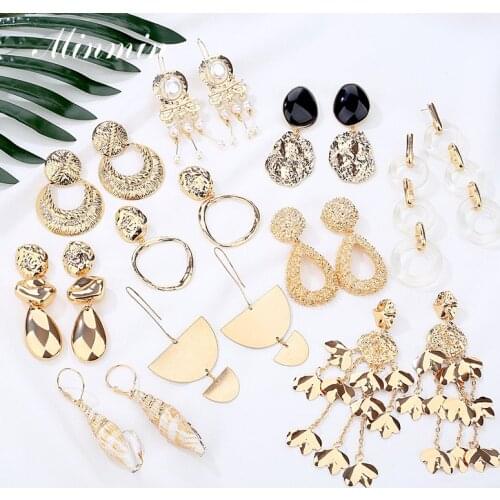 Minmin Statement Big Circle Long Drop Earrings za Gold Color Metal Geometric Teardrop Earrings for Women Fashion Jewelry MEH1493