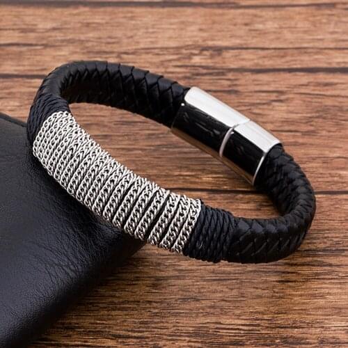 Fashion Charm Stainless Steel Braided Magnet Black Hand Genuine Leather Bracelet Men Jewelry Rope Couple Punk Mental luxury