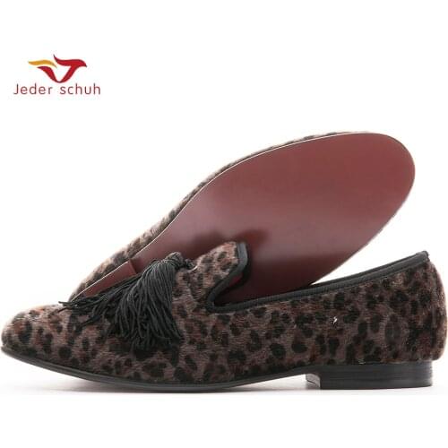Men Loafers Handmade Shoes With Exquisite Tassel Men Flats Leopard Design Wedding And Banquet Shoes, Smoking Slipper
