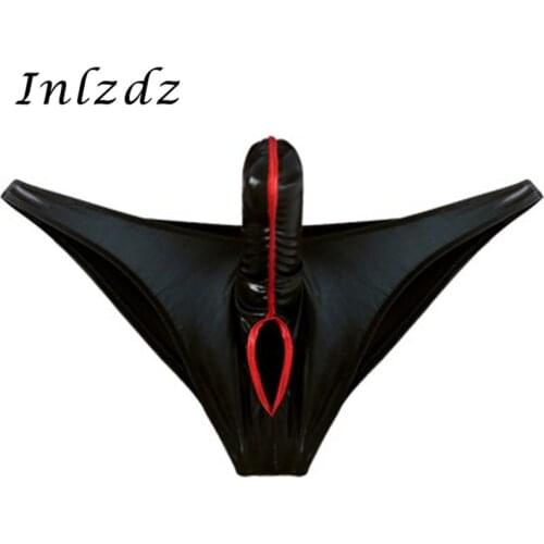 Mens Lingerie Sex Gay Underwear Patent Leather Shiny Bikini Underwear with Closed Penis Sheath with a Hole Exotic Briefs Panties