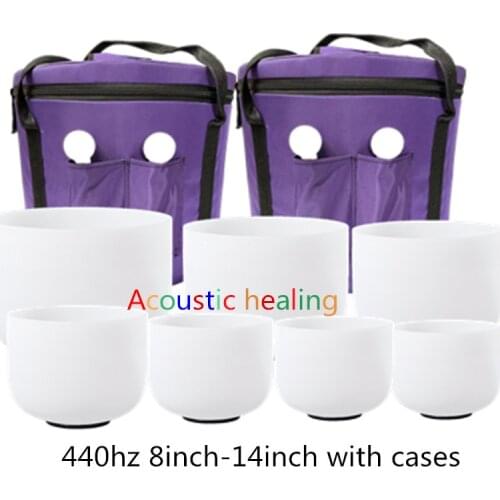 Chakra set of 7PCS 8-14 Inch CDEFGAB Note Frosted Quartz Crystal Singing Bowls with Free Carry Bags