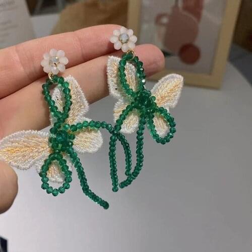 2021 New Classic Green Crystal Flower Butterfly Pendant Tassel Earrings Korean Womens Jewelry