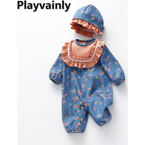 2021 Hot Sale Korean Style Autumn Boys Girls Romper Blue Floral Long Sleeves Round Collar Jumpsuit with Cap Newborn Clothes E246