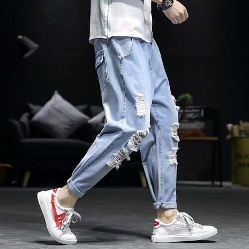 Shredded Jeans Men 3XL Loose Student Couple Pants Trousers Summer Holes Light Blue