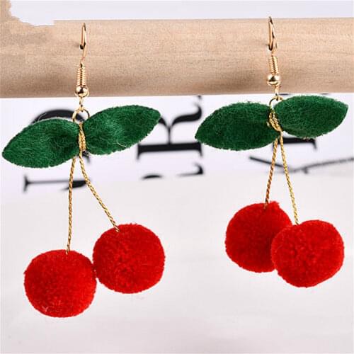 DIY Handmade Wool Felt Ball Cherry Pendant Drop Earrings for Women Girls Fashion Jewelry