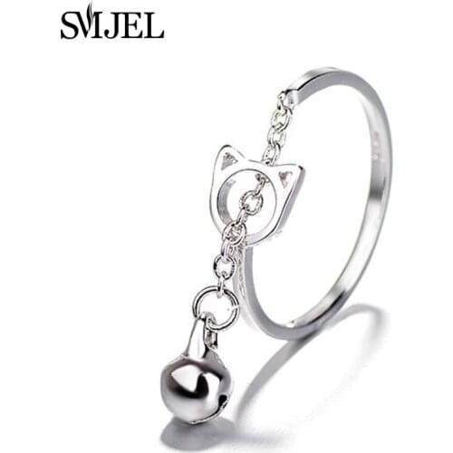 SMJEL New Hollow Cat Rings With Bell Link Chain Opening Adjustable Ring Anel Girl Jewelry Gifts Best Friend SYJZ173