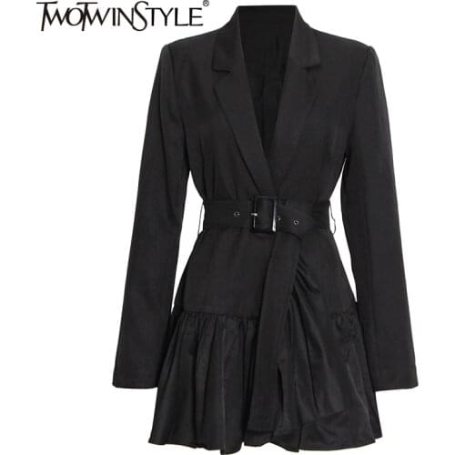 TWOTWINSTYLE Casual Suit Dress For Women Notched Plain Sashes Layered Ruffle Hem Long Sleeve Dresses Female 2021 Autumn Clothing