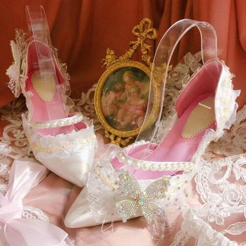 Princess Palace Style Pearl Butterfly Fairy Shallow Mouth Pointed Toe Womens Singles Stiletto High Heels Summer Cosplay Loli