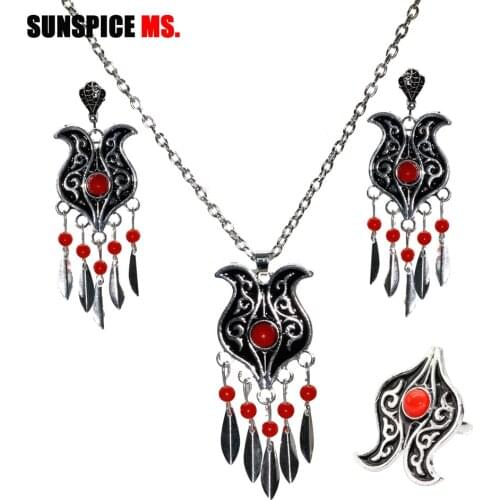 SUNSPICE MS 3Pcs Black Bridal Wedding Jewelry Sets Silver Color Bohemia Sequins Earring Necklace Ring Women Dubai Ethnic Bijoux