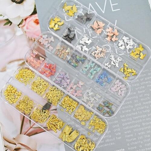 12 Grids/Box Mix Sizes Dreamlike Rainbow Butterfly Charms Nail Rhinestones stones Nail Art Slice Charms Set*1bOX