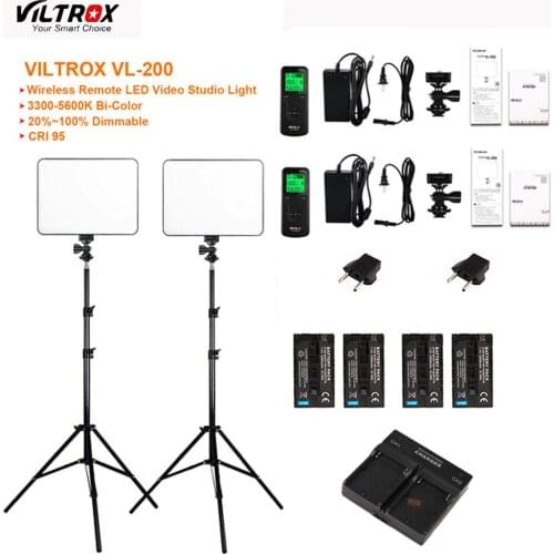 2x VILTROX VL-200 Ultra Thin Dimmable Bi-color LED Video Light Kit / 3300K-5600K CRI 95 + 2x Light Stand+1xcharger+2xNP-F550