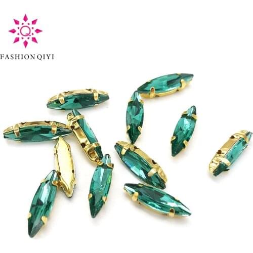 4x15mm Malachite green Horse eye shape 50pcs/pack Glass Crystal Gold bottom sew on claw rhinestones with holes diy Garment