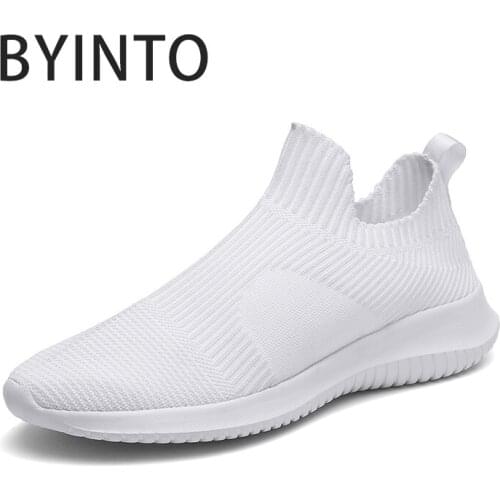 Big Size 39-46 2021 Men Sport Tennis Shoes Ultra Light Breathable Knit Sock Sneakers White Slip on Male Footwear Tenis Masculino