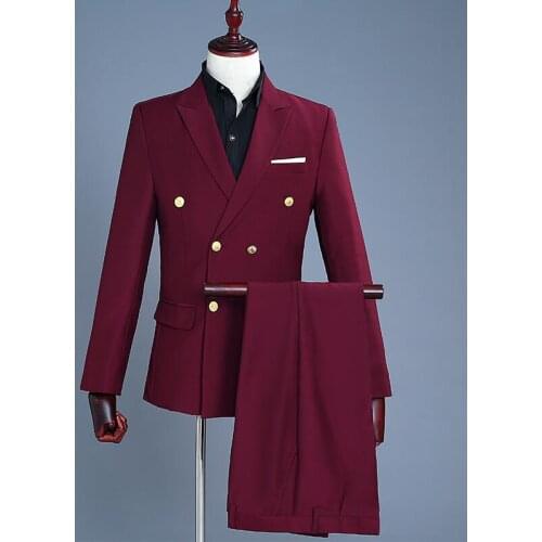 Double-breasted men suits designs homme terno stage costumes for singers men wine red blazer dance clothes men jacket star style