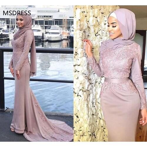 Formal Muslim Evening Dresses 2018 Mermaid Long Sleeves Appliques Scarf Islamic Dubai Saudi Arabic Long Elegant Evening Gown