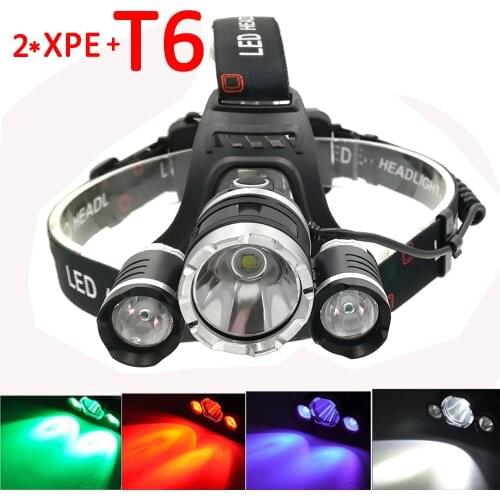 XML T6 +2x XPE LED Headlamp 3 LED Headlight 4 Mode Head Torch Flashlight White/Red/Green/Purple Light Fishing Hunting Lamp