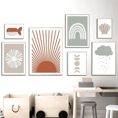 Sun Moon Whale Cloud Rainbow Shells Monstera Wall Art Canvas Painting Nordic Posters And Prints Wall Pictures Kids Room Decor