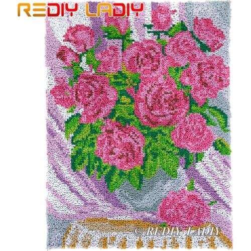 Latch Hook Rug Rose with Vase Plush Wall Tapestry Kits DIY Carpet Rug Chunky Yarn Arts & Crafts Crocheting Floor Mat 61*81cm