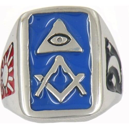 Fanssteel Stainless steel jewelry freemonsry all seeing eye with moon and sun square ruler masonic ring FSR11W74BL
