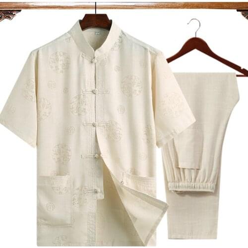 4XL Short Sleeve Shirt+Pant 2Pcs/Set Plus Size Men Kung Fu Tai Chi Suit l Classic Wu Shu Clothing For Father beige vestido chino