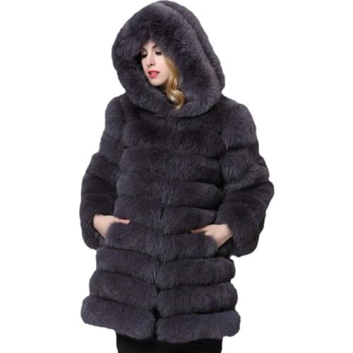 Feminine mid-length hooded fox fur pocket fur coat Slim fit, wild fashion, thin fur, warm single-breasted fur coat Wide-waisted