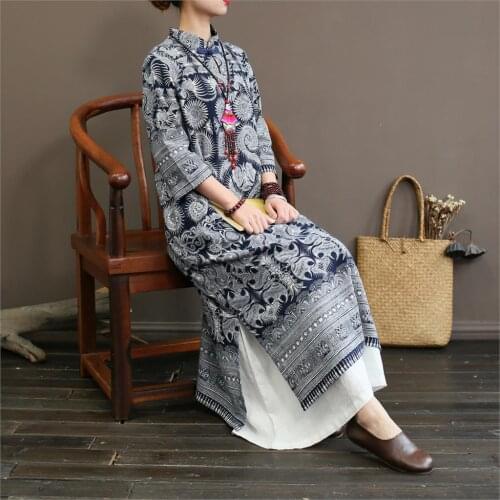 Women Spring Retro Printed Cotton Linen Dress Ladies Loose Vintage Cotton Flax Three Quarter Sleeve Dress Female Stand Collar