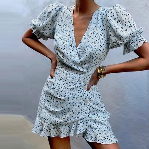 Summer Dress Women Dresses Floral Bubble Short Sleeve Dresses Button Short Style Short Sleeve Dress Prairie Chic Платье Летнее