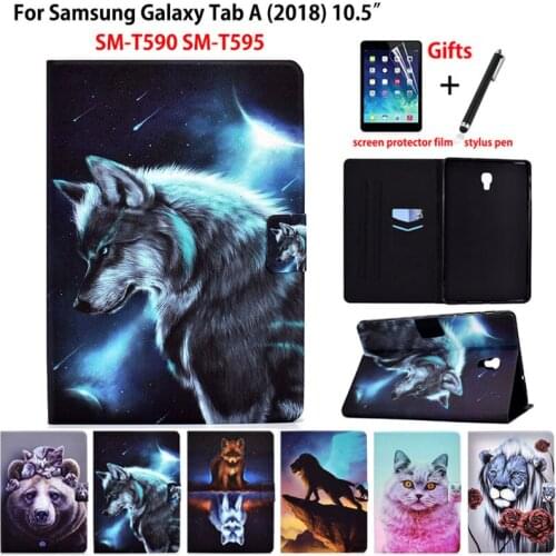 SM-T590 Case For Samsung Galaxy Tab A A2 2018 10.5" T590 T595 T597 SM-T595 Cover Funda Cartoon Animal Flip Stand Coque +Gift