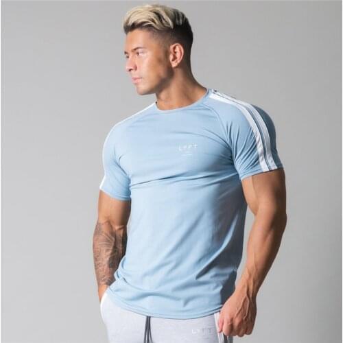 Running Side Striped Sport T-shirt Men Skinny Cotton Slim Shirts Gym Fitness Elastic Mens Tee Tops Male Jogging Workout T Shirt