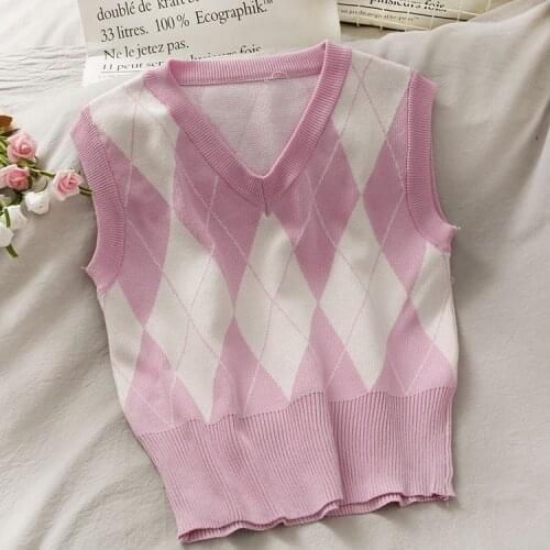 Pink sweet Womens Knit sweaters Vest V Neck Sleeveless Pull Plaid Sweater Fashion Chic y2k top Vintage clothing Female Tank