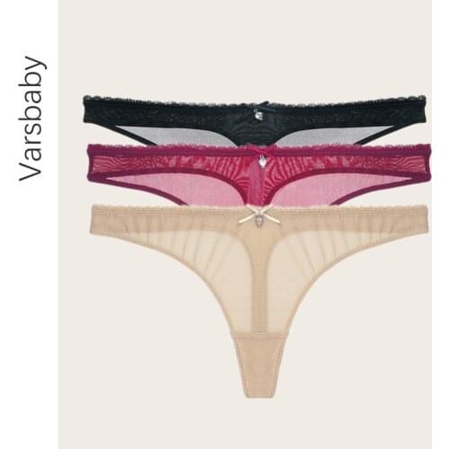 Varsbaby thong transparent underwear yarn bow thin cotton briefs low-rise G-string panties 3pcs/lots for women