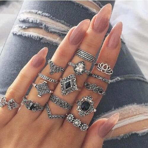 UODCM Style Boho Vintage Antique Silver Color Rings Set Geometric Ring Sets Black Rhinestone Flower Knuckle Anillos Anel Ring