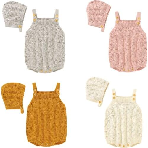 Spring Autumn Infant Baby Boys Girls Sleeveless Knitting Jumpsuit+Hat Baby Boys Girl Solid Color Hollow Out Knitting Bodysuits