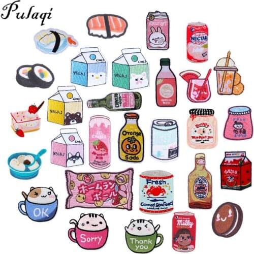 Japan Anime/Embroidery Patch DIY Sushi Drink Embroidered Patches For Clothing Cartoon Bottle Patch Iron on Patches Baby Clothes
