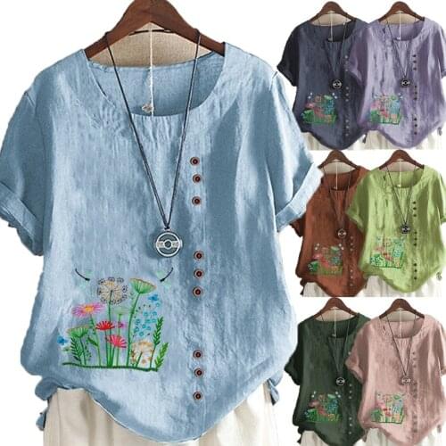 Ladies Summer Fashion Casual Linen Shirt Round Neck Printed T-shirt Short Sleeve Top Loose Top S-5XL