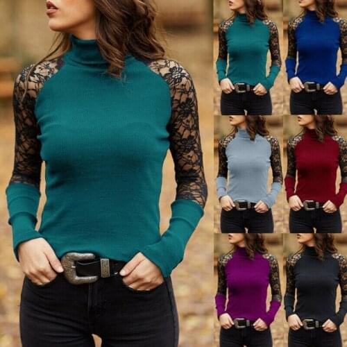 Womens Lace Long Sleeve Tops Blouse Ladies High Roll Turtle Neck Shirts Pullover