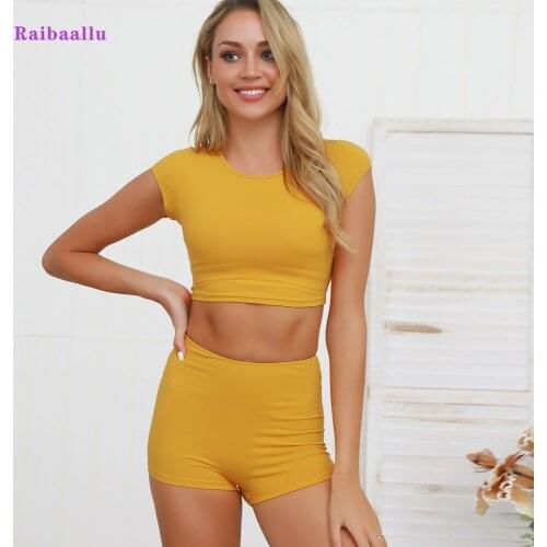 Raibaallu Womens Pure Yoga Suits Fitness Hygroscopic and Sweat Releasing Sportswear Short-sleeved Two-Piece Shorts