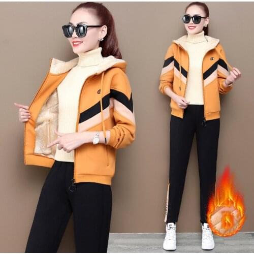 Winter Thickened Fleece Warm Tracksuit Women Two Piece Set Casual Hooded Zip Up Jacket Tops And Pants Suit Loungewear Sweatsuit