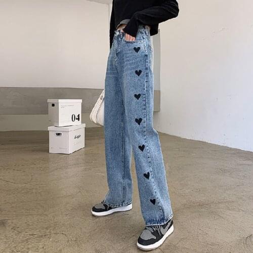 2021 Fashion Heart Embroidered Loose Jeans Ladies High Waist Harajuku Aesthetic Mother Jeans Denim Streetwear 90s Pants