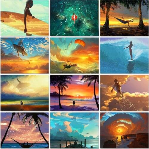 5D Diamond Painting Surfing And Parachuting Beach Sunset Scenery Diamond Embroidery Cross Stitch Kit Mosaic Rhinestone Picture