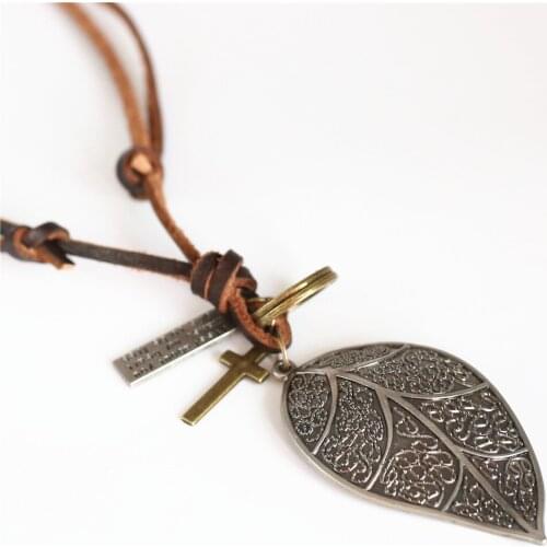 Long Brown Genuine Leather Rope Chain Alloy Hoops Words Cross Leaf Men Pendant Necklace Women Punk Cowboy Homme Male Jewelry