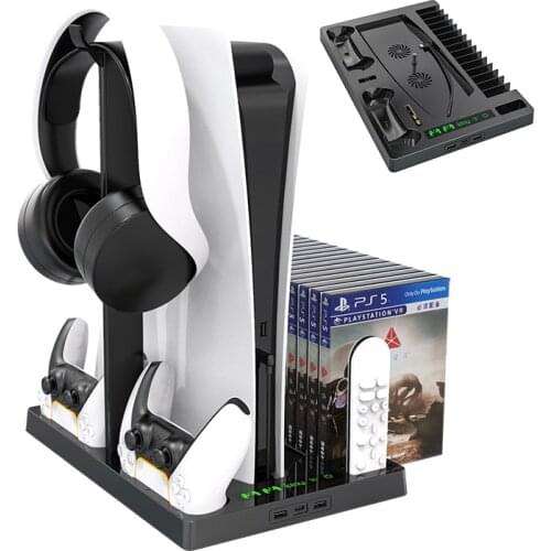 For PS5 Vertical Cooling Fans Stand DualSense Controller Charging Station Digital Edition with 14 Game Slot 3 Hub Port Charger