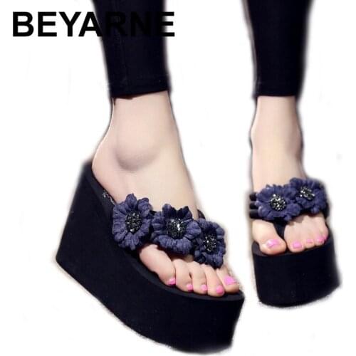 BEYARNE 11cm High Heel Womens New Wedge Flip Flops, Muffin Handmade Slippers, Ladies Summer Beach Mules Shoes Women Slippers