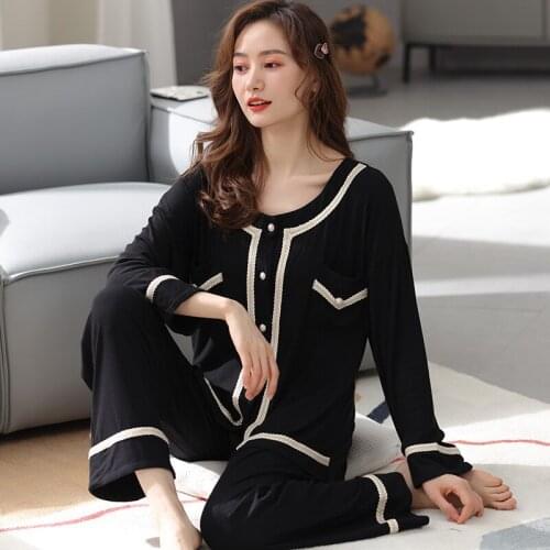 Elegant Womens Pajamas Set Long Sleeve Trousers Two Piece Sleepwear Home Clothes New Modal Comfortable Nightwear Pyjama Femme