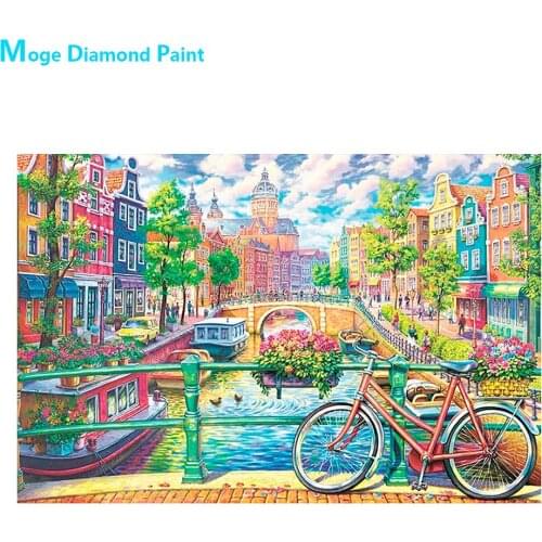 City Canal Bridge Scenery Diamond Painting Round Full Drill DIY Mosaic Embroidery 5D Cross Stitch Construction Scenic Pattern