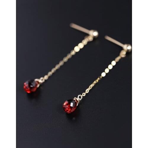 DMBS093 Faceted water drop garnet earrings gemstones female genuine 14K gold Injection red gemstone ear line customization